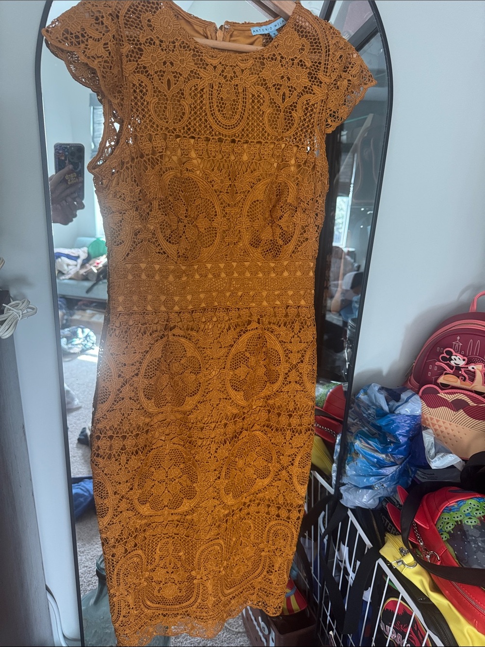 ANTONIO MELANI Crochet Lace Sheath Dress - Rust